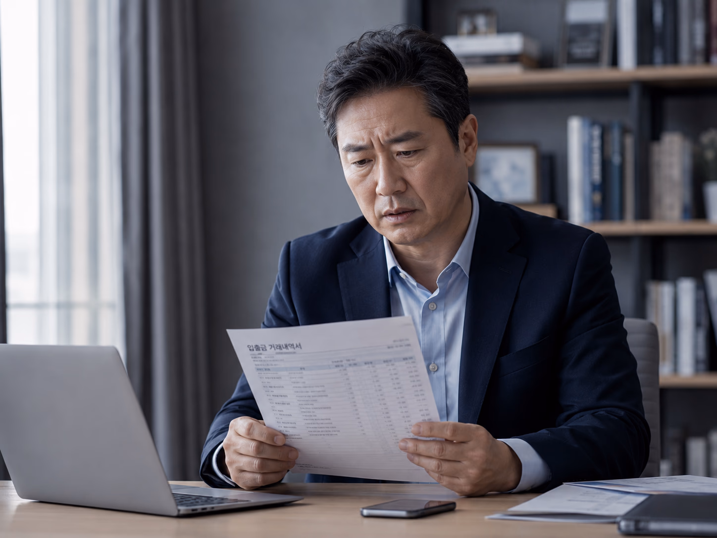 거래내역서를 확인하며 걱정하는 모습